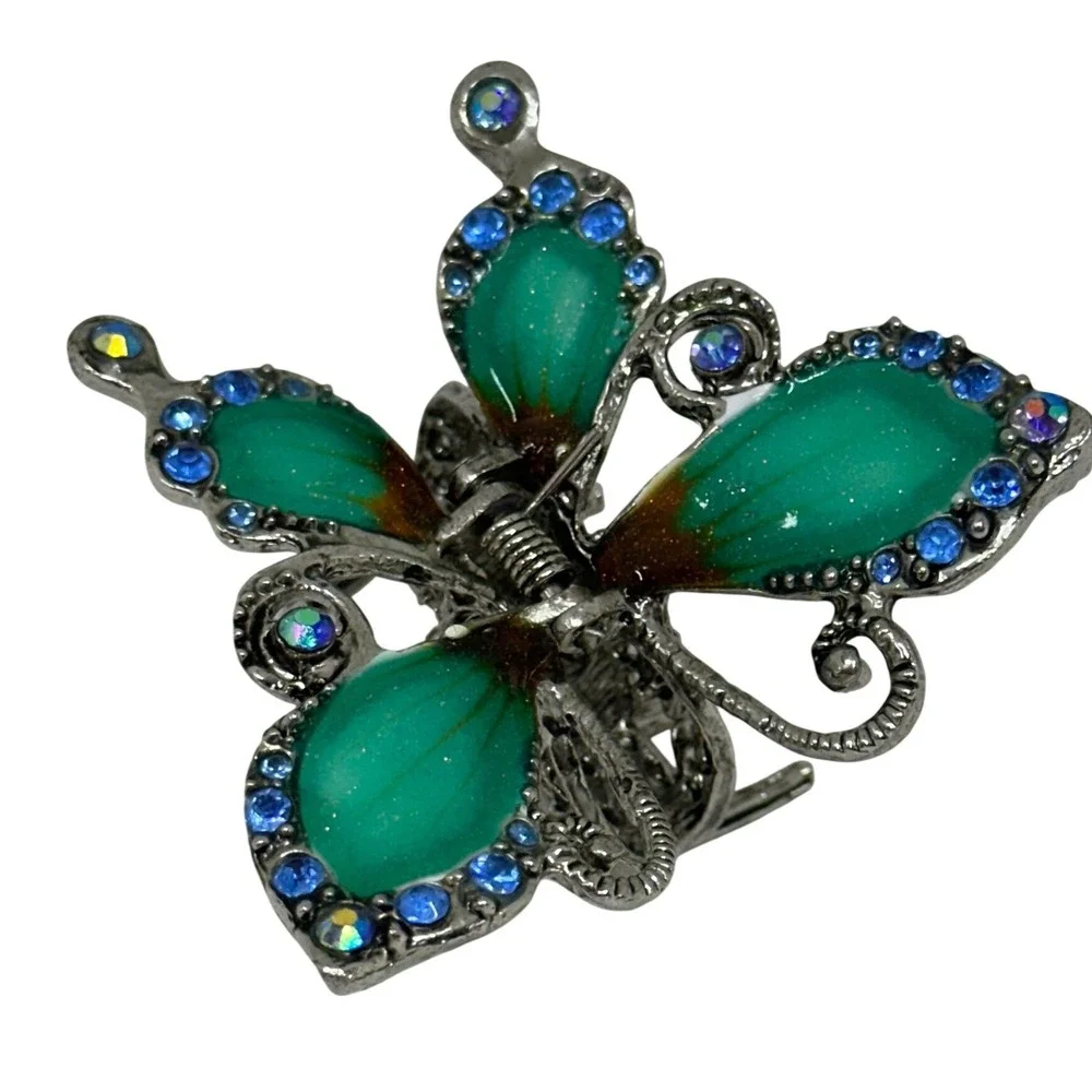 VTG Butterfly Hair Claw Clip Green Blue Rhinestone Silver Tone Enamel Wings